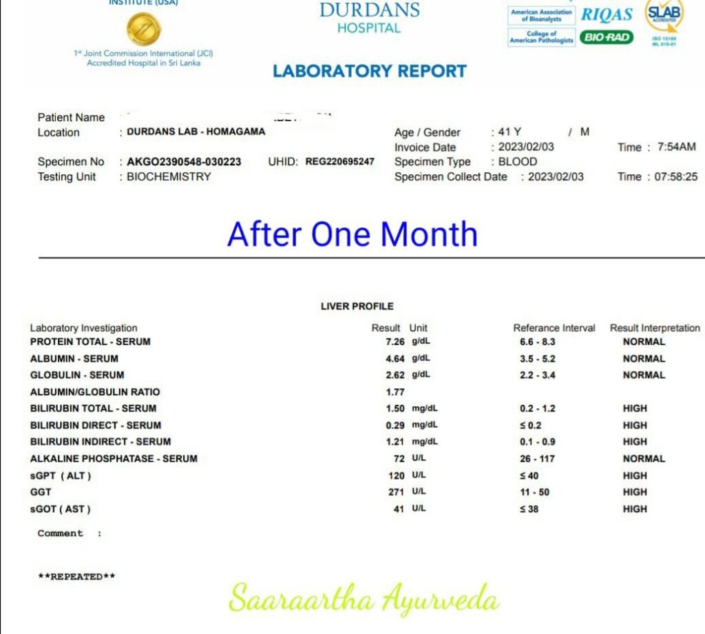 මත්පැන් පානයෙන් (Alcholic Liver Disease) දරුණු ලෙස අක්මාවට හානි වී විදේශගතව සේවය කර ප්‍රතිකාර ලබා ගැනීමට ශ්‍රී ලංකාවට පැමිණි රෝගියාට ආයුර්වේද ප්‍රතිකාරවල ඵලදායිතාව මාසයකට පසු පහත සඳහන් වාර්තා වේ. ප්‍රතිකාර කිරීමට පෙර, ඔහුගේ SGPT, GGT සහ SGOT අගයන් පිළිවෙලින් 524, 645, 304 U/L වූ අතර ප්‍රතිකාර කිරීමෙන් මාසයකට පසු ඒවා 120, 271, 41 U/L දක්වා වේගයෙන් අඩු වී ඇත. බොහෝ රෝග ලක්ෂණ ප්රතිකාර මගින් සමනය විය. මාසයක ප්‍රතිකාර වලින් පසු ඔහු රැකියාවට පිටත්ව ගිය අතර තවමත් ප්‍රතිකාර ලබයි. ඇල්කොලික් අක්මා රෝගය (ALD) ඇති මෙම රෝගීන්ට ප්‍රතිකාර ලබා නොගන්නේ නම්, ඔවුන් සිරෝසිස් / ලිවර් සිරෝසිස් (සීඑල්සීඩී) වර්ධනය වීමේ වැඩි සම්භාවිතාවක් ඇත. ආයුර්වේද ඖෂධ අක්මාවට හානි කරන බවට වැරදි මතයක් පවතී. ශාස්‌ත්‍රය නොදන්නා වෛද්‍යවරු අරිෂ්ඨ, ආසව වැනි ඖෂධ අධික මාත්‍රාවලින් දීර්ඝ කාලයක් ලබා දුන්නොත් පමණයි එහෙම වෙන්නේ... අක්මා රෝග සඳහා සාර්ථක ආයුර්වේද ප්‍රතිකාර තිබෙනවා.